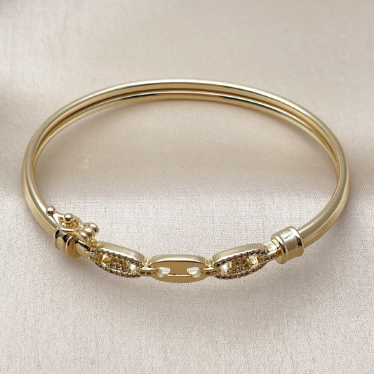Oro Laminado Individual Bangle, Gold Filled Style Puff Mariner Design, with White Micro Pave, Polished, Golden Finish