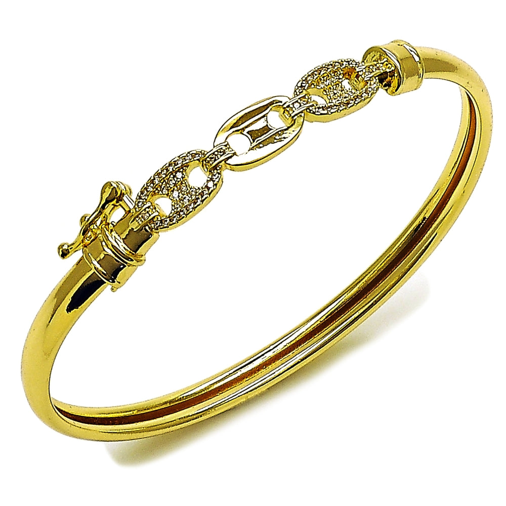Oro Laminado Individual Bangle, Gold Filled Style Puff Mariner Design, with White Micro Pave, Polished, Golden Finish