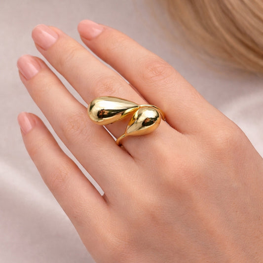 Oro Laminado Elegant Ring, Gold Filled Style Teardrop and Hollow Design, Polished, Golden Finish