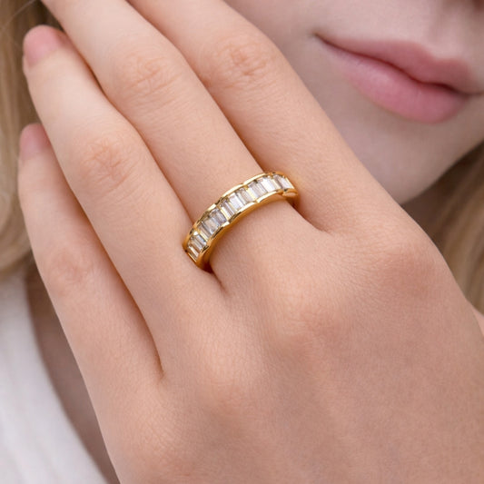 Oro Laminado Multi Stone Ring, Gold Filled Style Baguette Design, with White Cubic Zirconia, Polished, Golden Finish