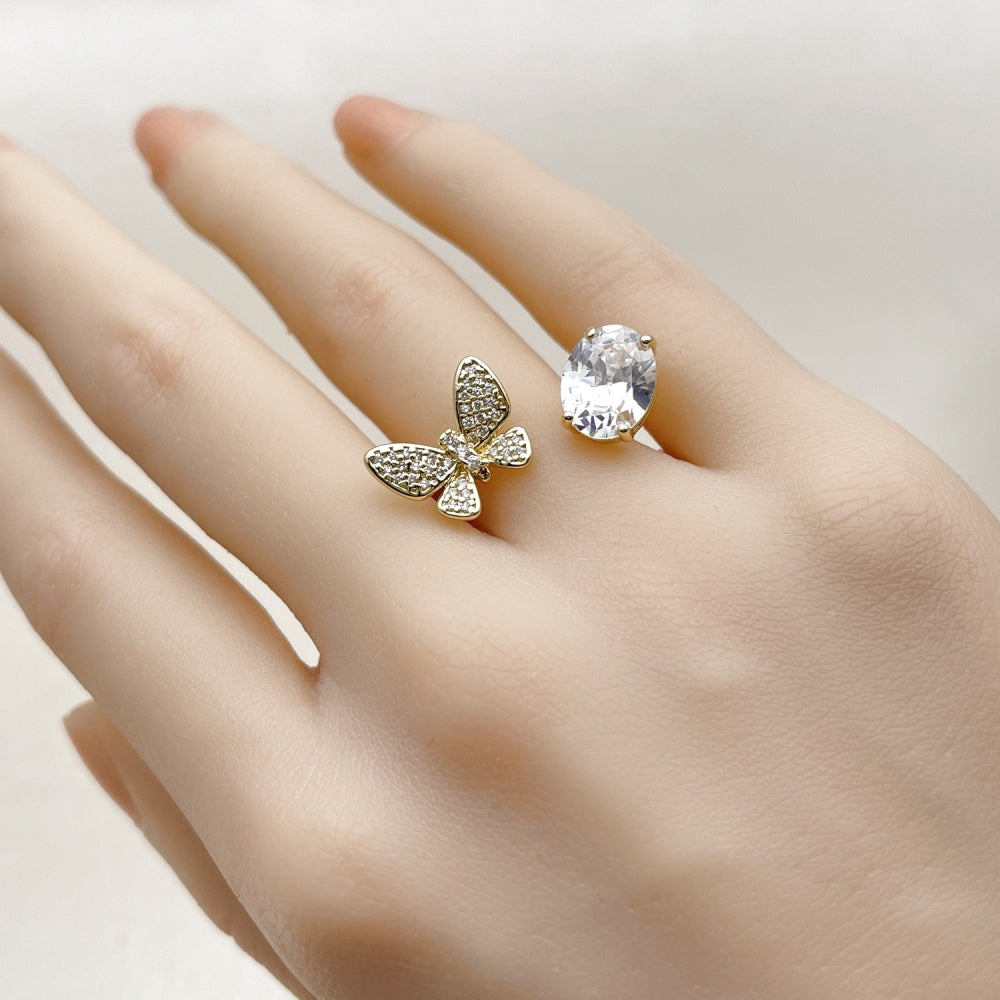 Oro Laminado Multi Stone Ring, Gold Filled Style Butterfly Design, with White Cubic Zirconia and White Micro Pave, Polished, Golden Finish