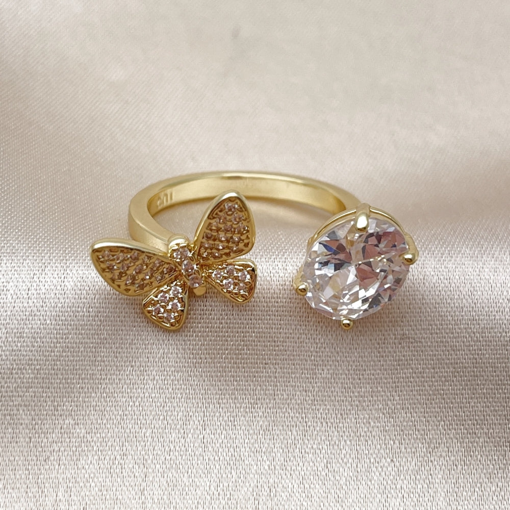 Oro Laminado Multi Stone Ring, Gold Filled Style Butterfly Design, with White Cubic Zirconia and White Micro Pave, Polished, Golden Finish