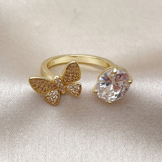 Oro Laminado Multi Stone Ring, Gold Filled Style Butterfly Design, with White Cubic Zirconia and White Micro Pave, Polished, Golden Finish