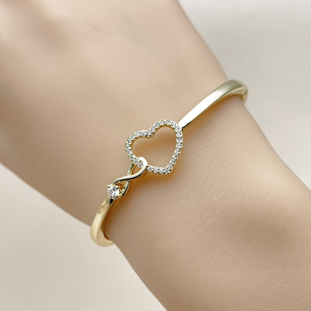 Oro Laminado Individual Bangle, Gold Filled Style Heart and Infinite Design, with White Cubic Zirconia, Polished, Golden Finish