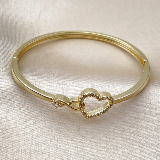 Oro Laminado Individual Bangle, Gold Filled Style Heart and Infinite Design, with White Cubic Zirconia, Polished, Golden Finish