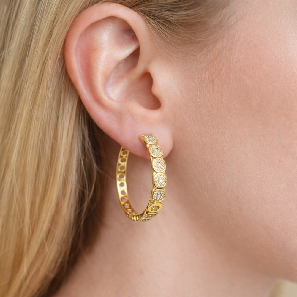 Oro Laminado Huggie Hoop, Gold Filled Style with White Micro Pave, Polished, Golden Finish
