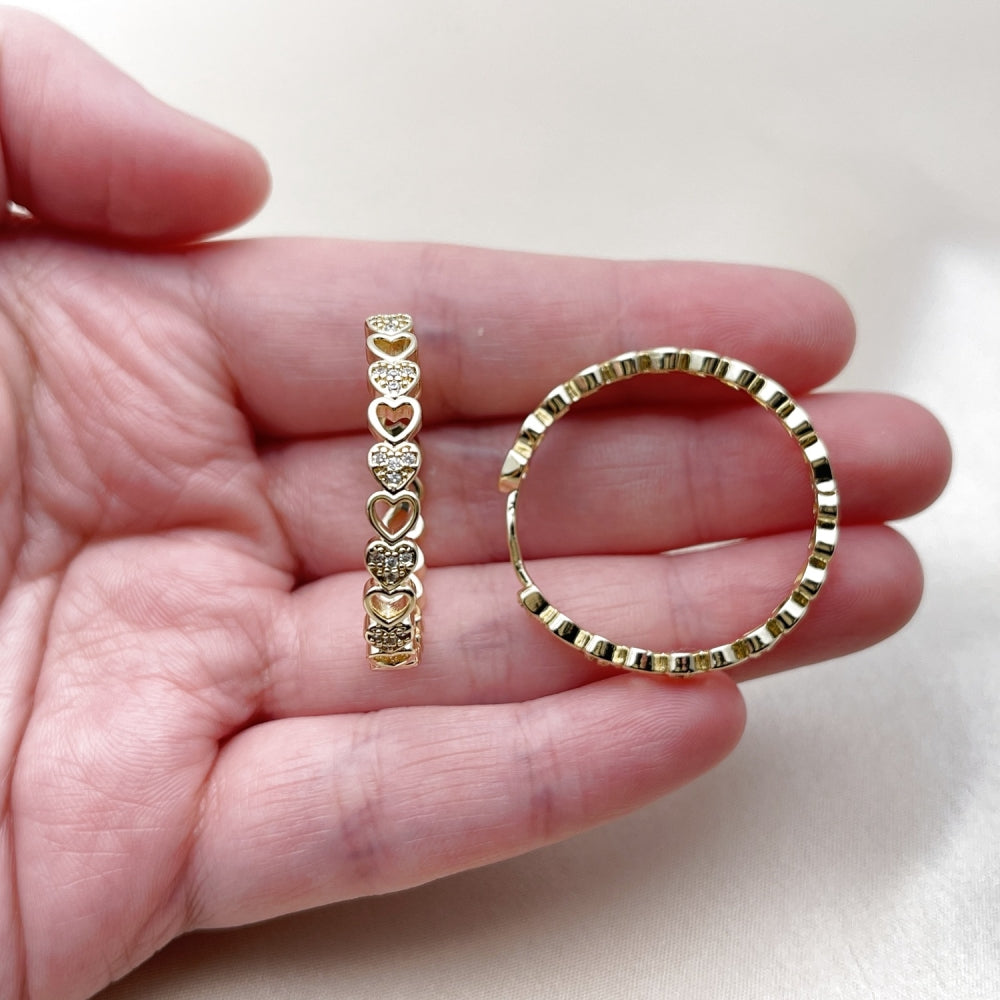 Oro Laminado Huggie Hoop, Gold Filled Style Heart Design, with White Micro Pave, Polished, Golden Finish