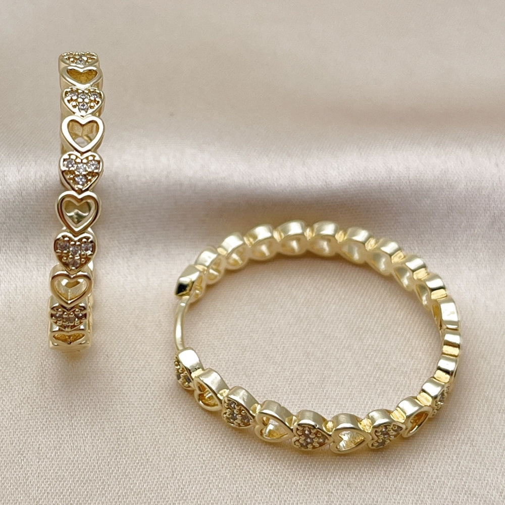 Oro Laminado Huggie Hoop, Gold Filled Style Heart Design, with White Micro Pave, Polished, Golden Finish