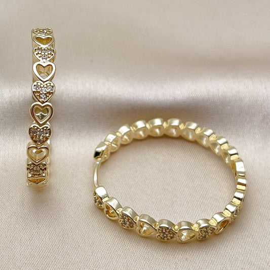 Oro Laminado Huggie Hoop, Gold Filled Style Heart Design, with White Micro Pave, Polished, Golden Finish