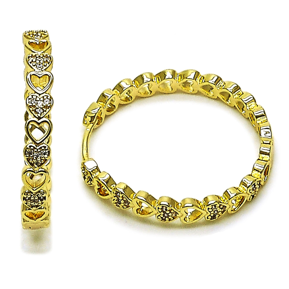 Oro Laminado Huggie Hoop, Gold Filled Style Heart Design, with White Micro Pave, Polished, Golden Finish