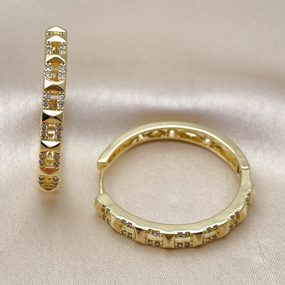 Oro Laminado Huggie Hoop, Gold Filled Style with White Micro Pave, Polished, Golden Finish