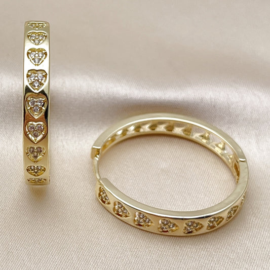 Oro Laminado Huggie Hoop, Gold Filled Style Heart Design, with White Micro Pave, Polished, Golden Finish