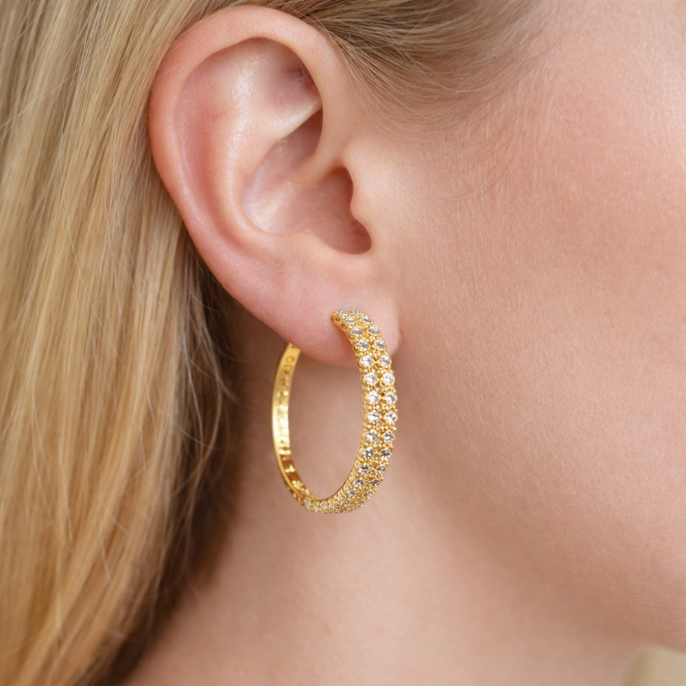 Oro Laminado Huggie Hoop, Gold Filled Style with White Cubic Zirconia, Polished, Golden Finish