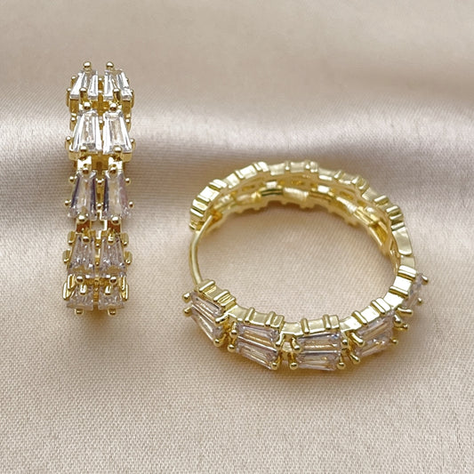 Oro Laminado Huggie Hoop, Gold Filled Style Baguette Design, with White Cubic Zirconia, Polished, Golden Finish