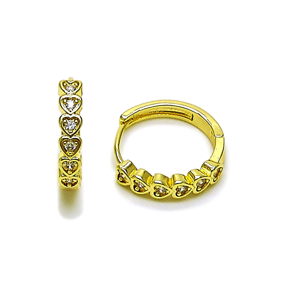 Oro Laminado Huggie Hoop, Gold Filled Style Heart Design, with White Cubic Zirconia, Polished, Golden Finish