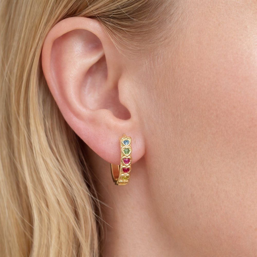 Oro Laminado Huggie Hoop, Gold Filled Style Heart Design, with Multicolor Cubic Zirconia, Polished, Golden Finish