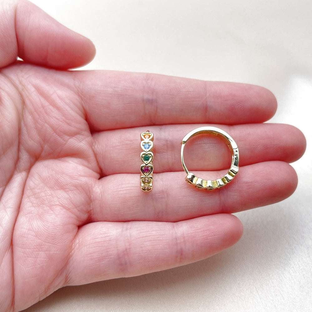 Oro Laminado Huggie Hoop, Gold Filled Style Heart Design, with Multicolor Cubic Zirconia, Polished, Golden Finish