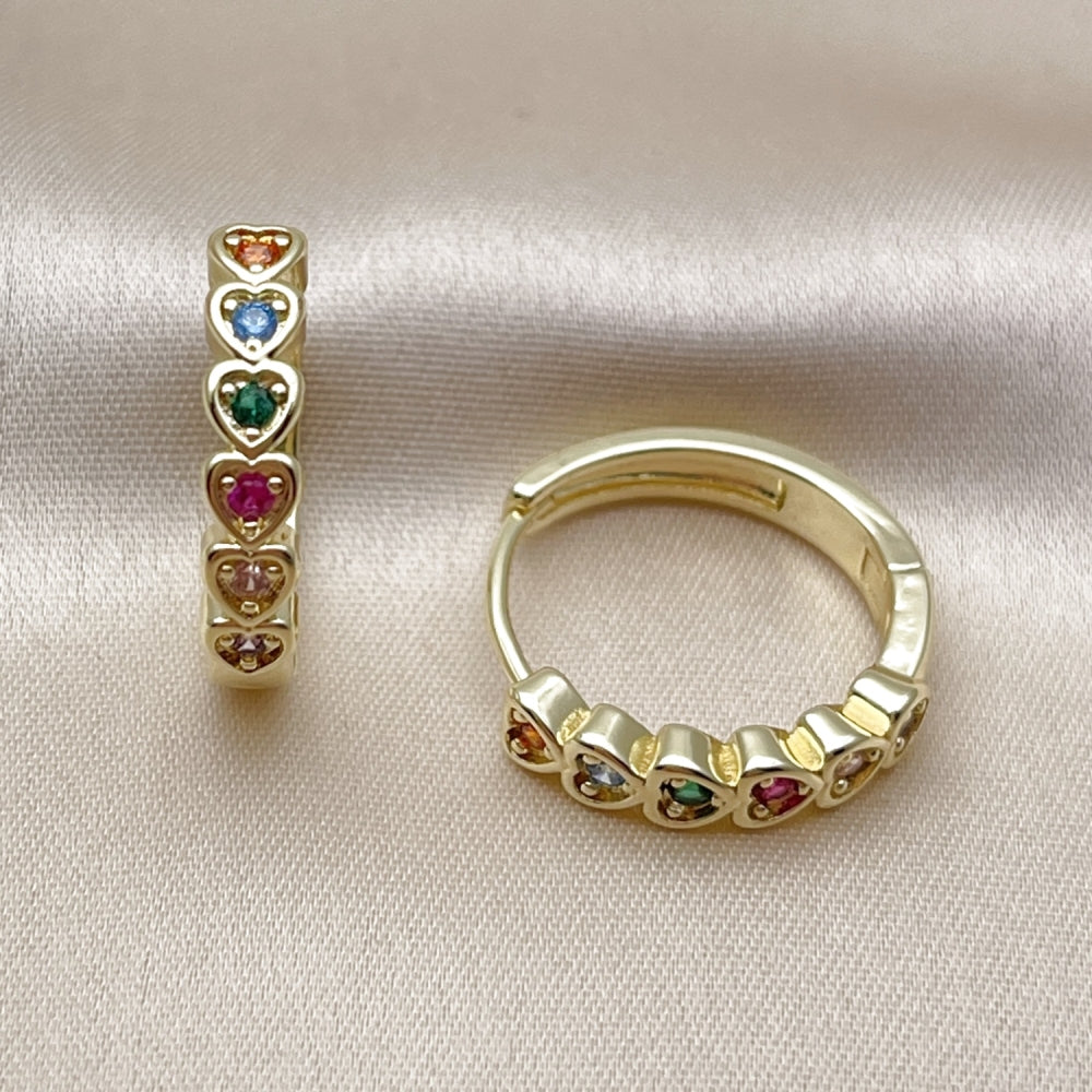 Oro Laminado Huggie Hoop, Gold Filled Style Heart Design, with Multicolor Cubic Zirconia, Polished, Golden Finish
