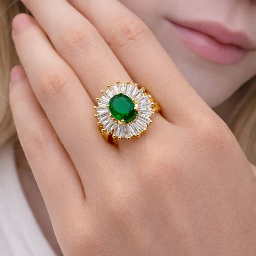 Oro Laminado Multi Stone Ring, Gold Filled Style Baguette and Cluster Design, with Green and White Cubic Zirconia, Polished, Golden Finish
