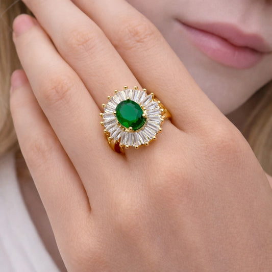 Oro Laminado Multi Stone Ring, Gold Filled Style Baguette and Cluster Design, with Green and White Cubic Zirconia, Polished, Golden Finish