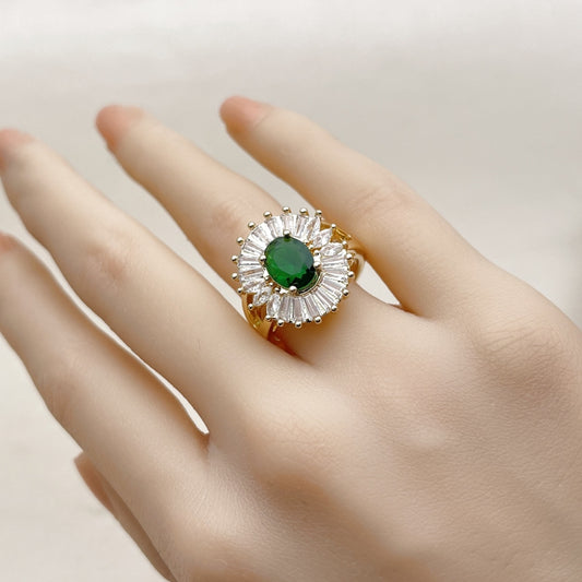 Oro Laminado Multi Stone Ring, Gold Filled Style Baguette and Cluster Design, with Green and White Cubic Zirconia, Polished, Golden Finish