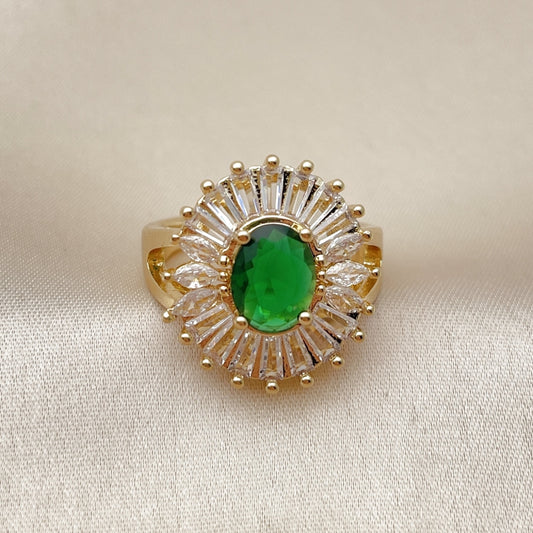 Oro Laminado Multi Stone Ring, Gold Filled Style Baguette and Cluster Design, with Green and White Cubic Zirconia, Polished, Golden Finish