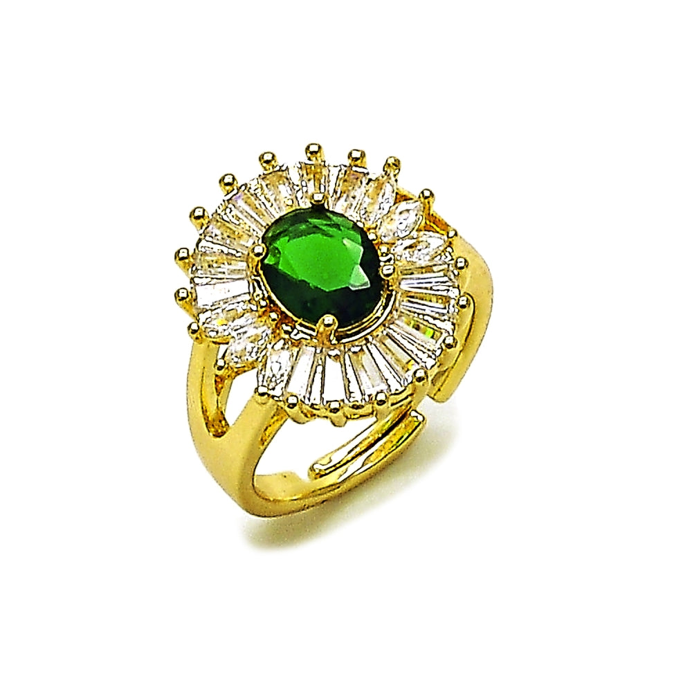 Oro Laminado Multi Stone Ring, Gold Filled Style Baguette and Cluster Design, with Green and White Cubic Zirconia, Polished, Golden Finish