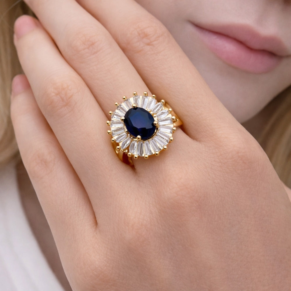 Oro Laminado Multi Stone Ring, Gold Filled Style Baguette and Cluster Design, with Sapphire Blue and White Cubic Zirconia, Polished, Golden Finish