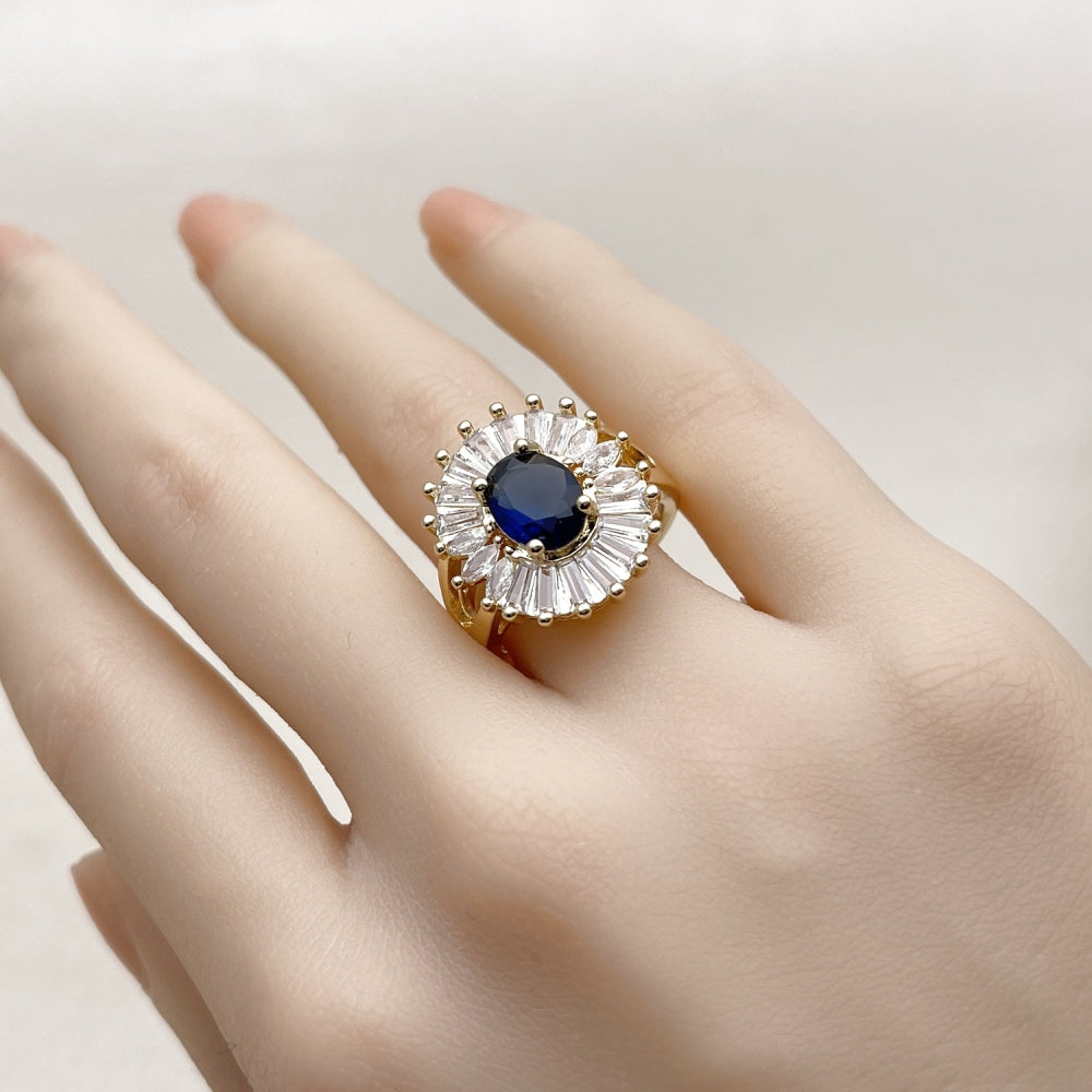 Oro Laminado Multi Stone Ring, Gold Filled Style Baguette and Cluster Design, with Sapphire Blue and White Cubic Zirconia, Polished, Golden Finish