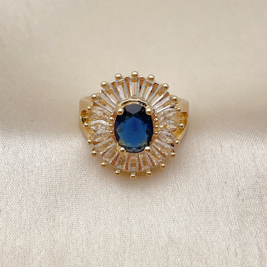 Oro Laminado Multi Stone Ring, Gold Filled Style Baguette and Cluster Design, with Sapphire Blue and White Cubic Zirconia, Polished, Golden Finish