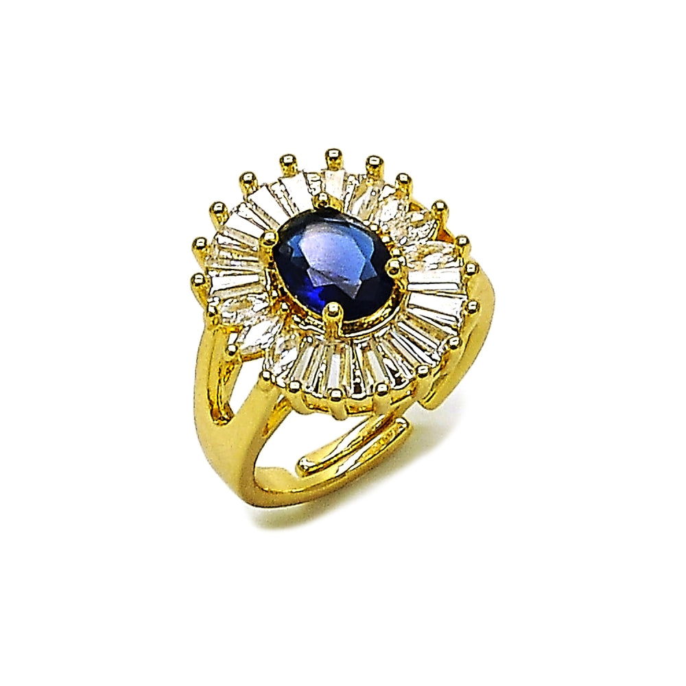 Oro Laminado Multi Stone Ring, Gold Filled Style Baguette and Cluster Design, with Sapphire Blue and White Cubic Zirconia, Polished, Golden Finish