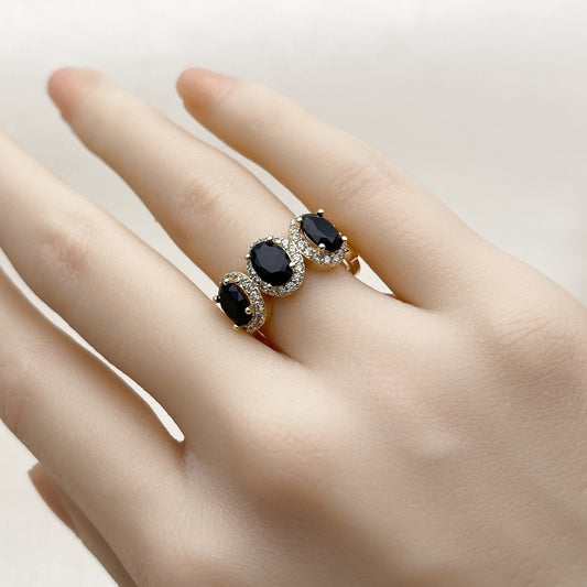Oro Laminado Multi Stone Ring, Gold Filled Style Cluster Design, with Black Cubic Zirconia and White Micro Pave, Polished, Golden Finish