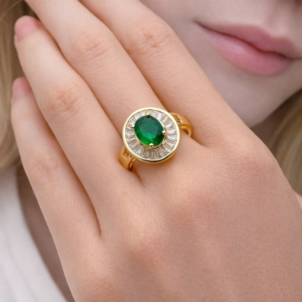 Oro Laminado Multi Stone Ring, Gold Filled Style Cluster and Baguette Design, with Green and White Cubic Zirconia, Polished, Golden Finish