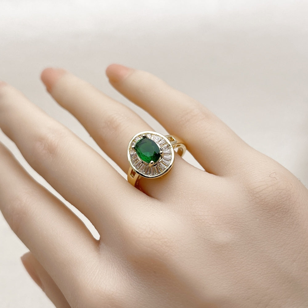 Oro Laminado Multi Stone Ring, Gold Filled Style Cluster and Baguette Design, with Green and White Cubic Zirconia, Polished, Golden Finish