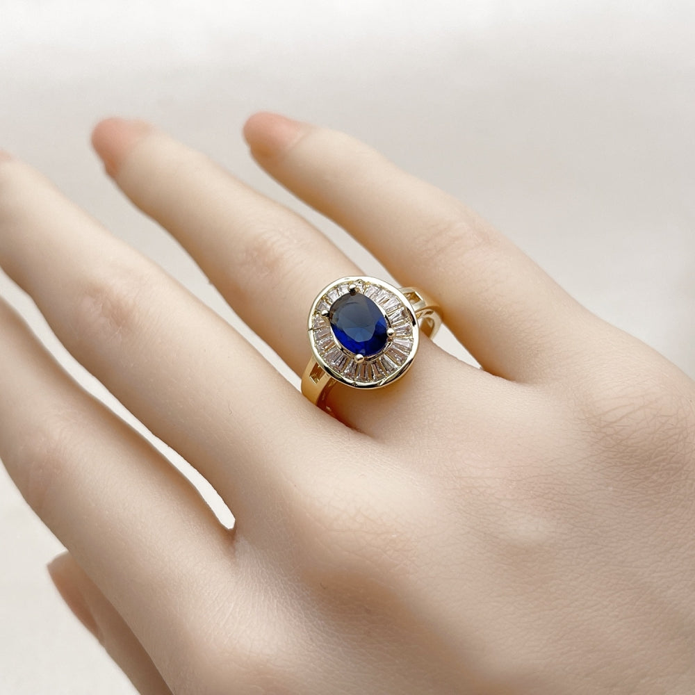 Oro Laminado Multi Stone Ring, Gold Filled Style Baguette and Cluster Design, with Sapphire Blue and White Cubic Zirconia, Polished, Golden Finish
