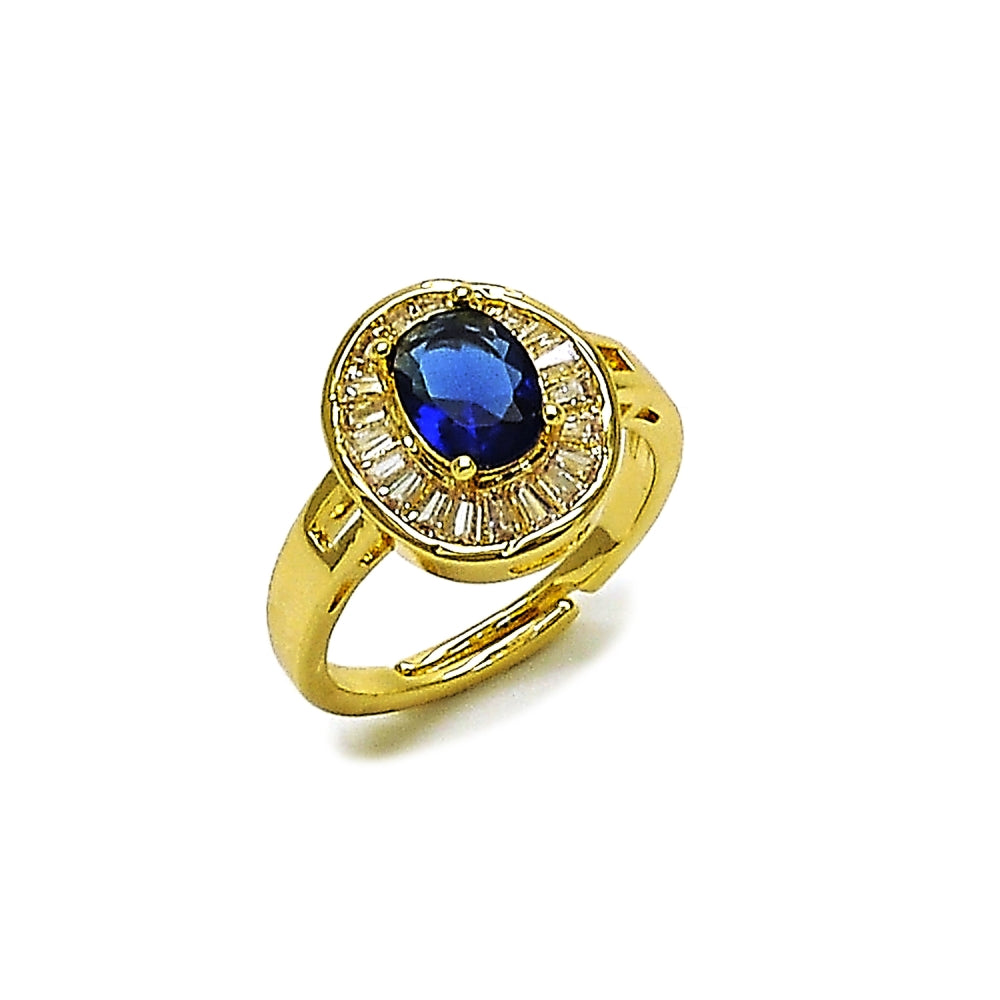 Oro Laminado Multi Stone Ring, Gold Filled Style Baguette and Cluster Design, with Sapphire Blue and White Cubic Zirconia, Polished, Golden Finish