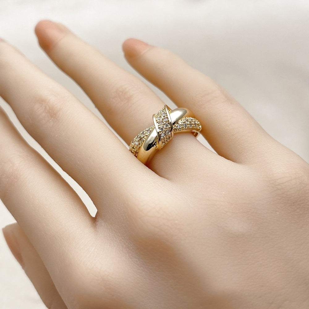 Oro Laminado Multi Stone Ring, Gold Filled Style Love Knot Design, with White Micro Pave, Polished, Golden Finish