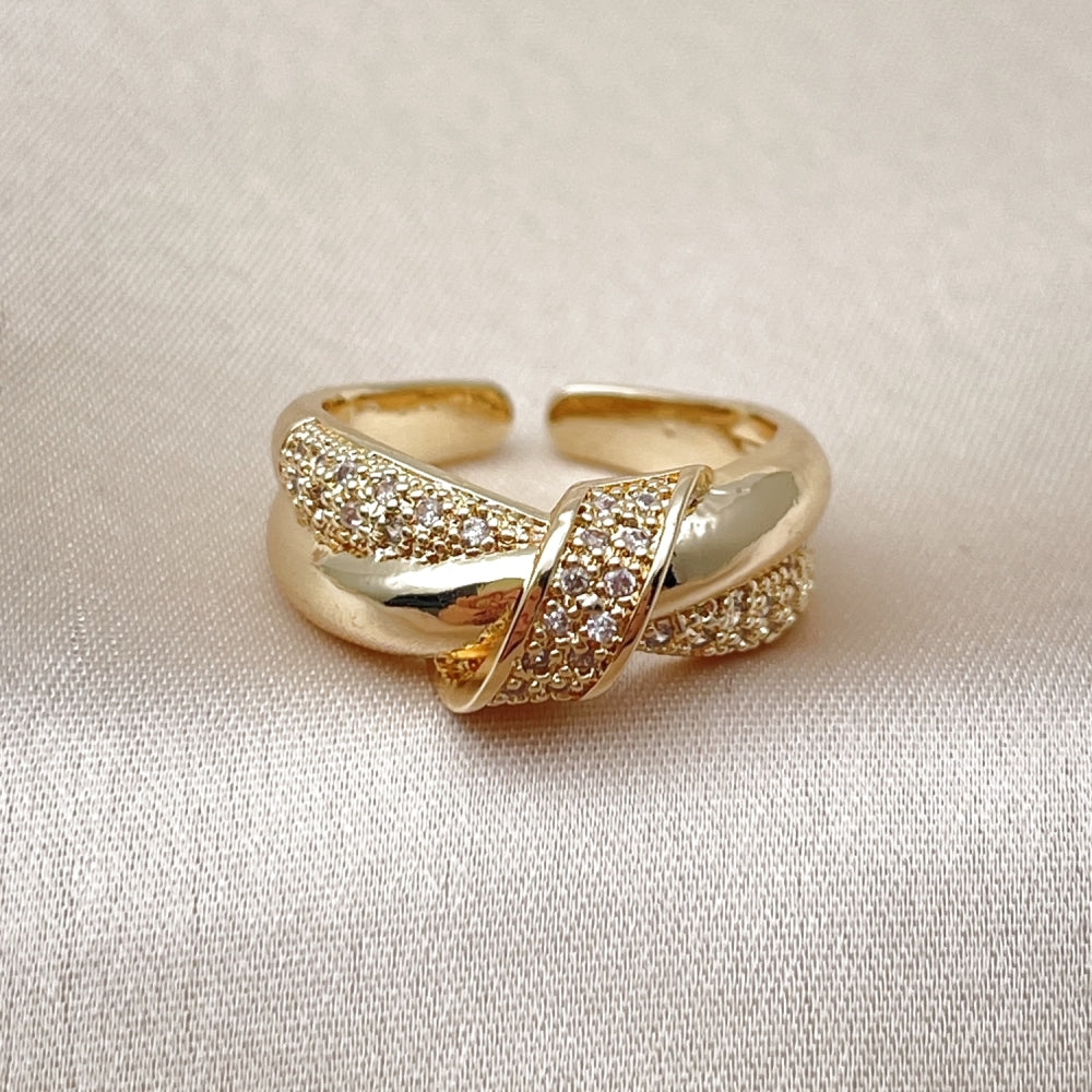 Oro Laminado Multi Stone Ring, Gold Filled Style Love Knot Design, with White Micro Pave, Polished, Golden Finish