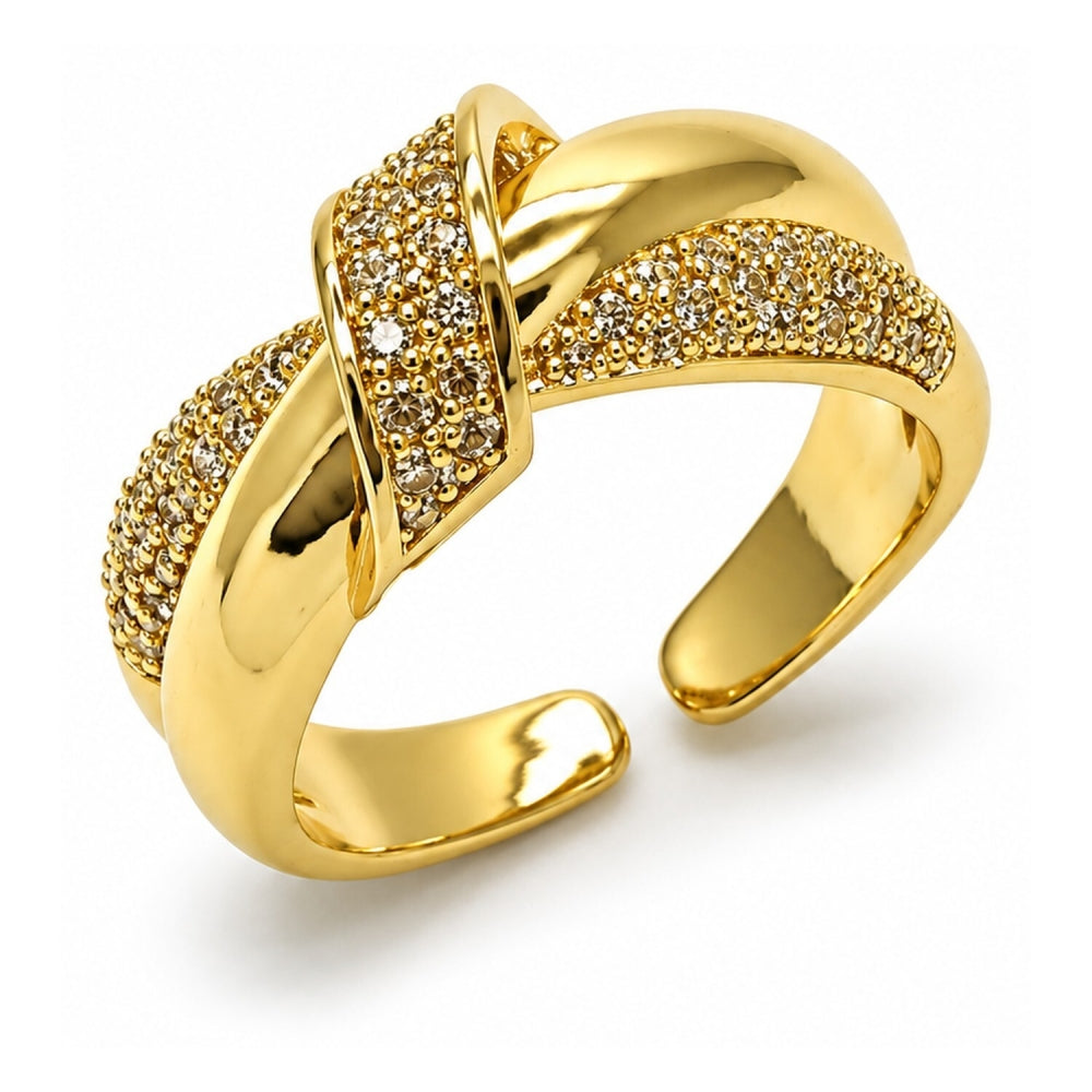 Oro Laminado Multi Stone Ring, Gold Filled Style Love Knot Design, with White Micro Pave, Polished, Golden Finish