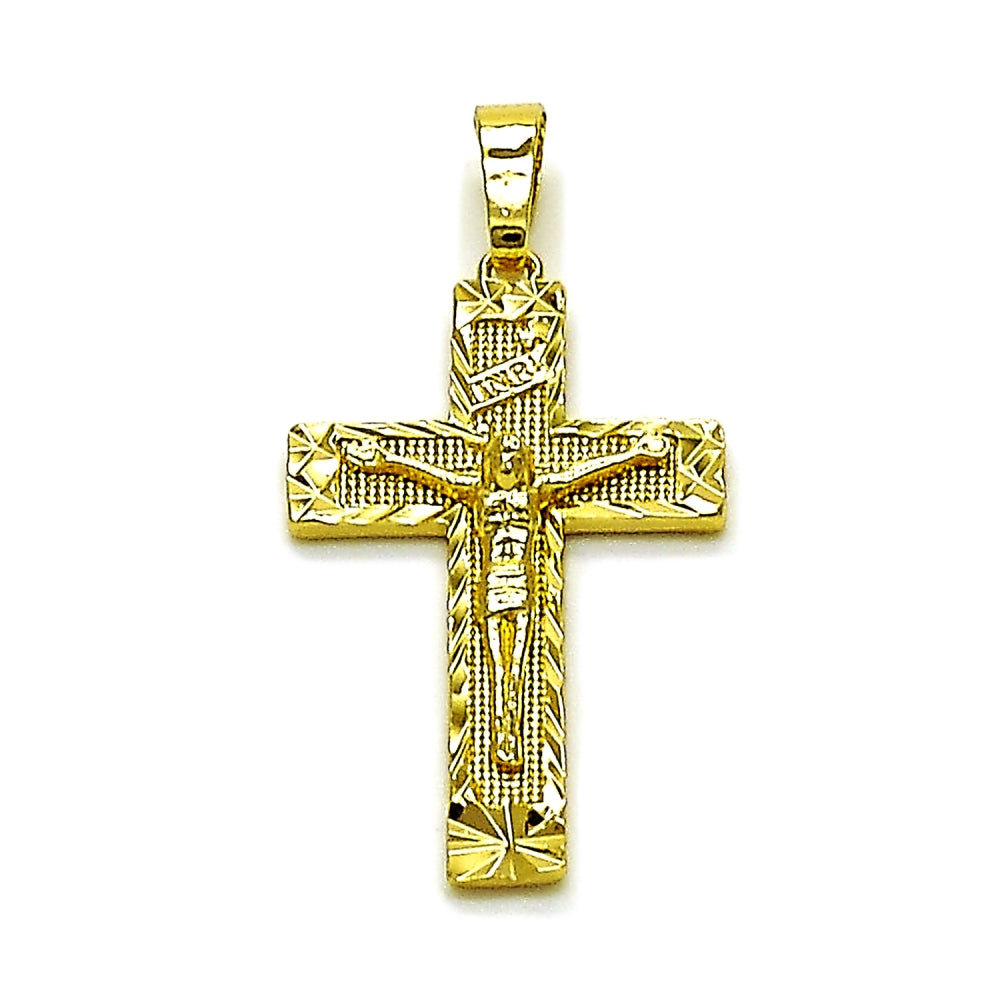 Oro Laminado Religious Pendant, Gold Filled Style Crucifix Design, Diamond Cutting Finish, Golden Finish