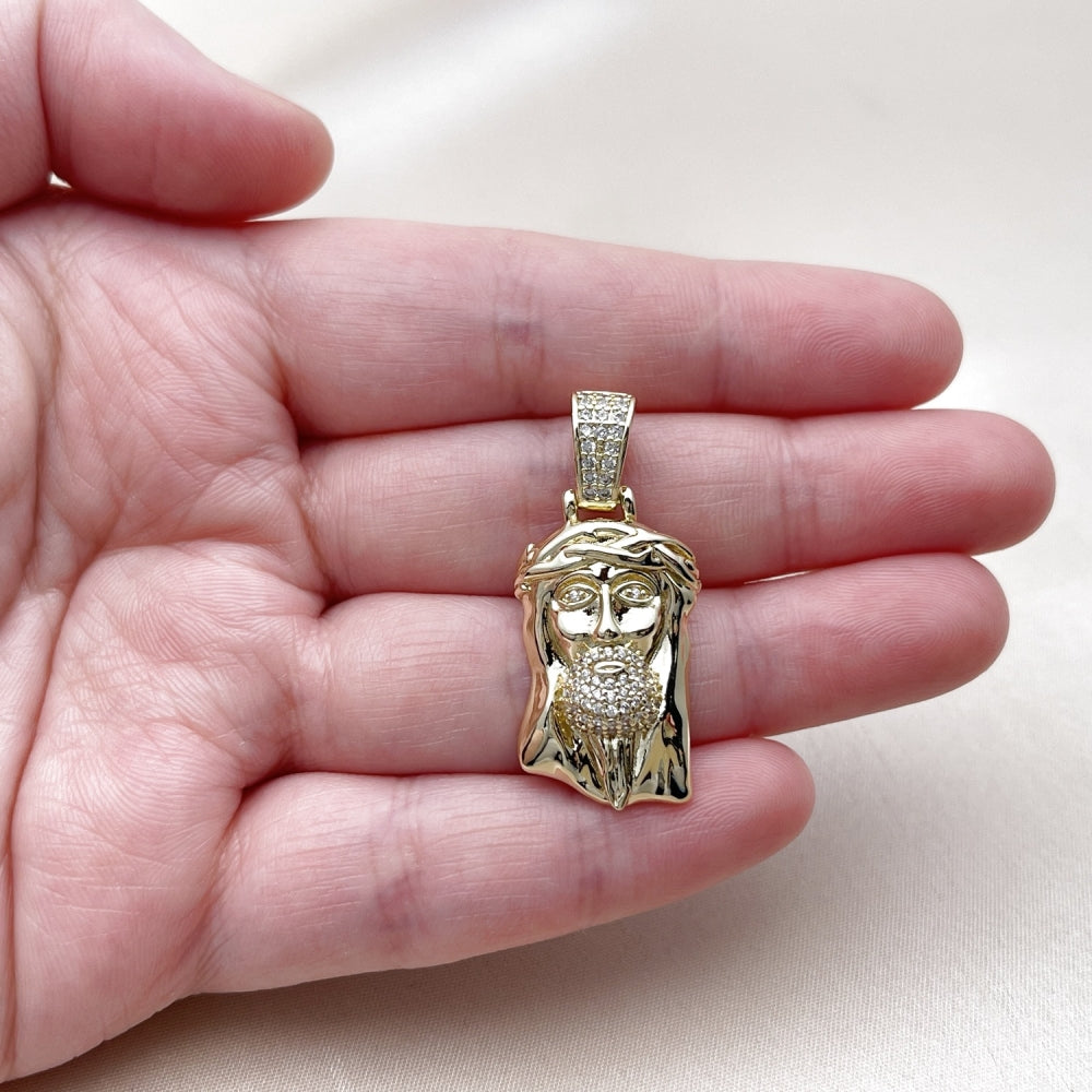 Oro Laminado Religious Pendant, Gold Filled Style Jesus Design, with White Micro Pave, Polished, Golden Finish