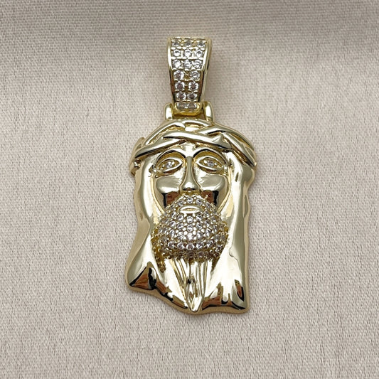 Oro Laminado Religious Pendant, Gold Filled Style Jesus Design, with White Micro Pave, Polished, Golden Finish