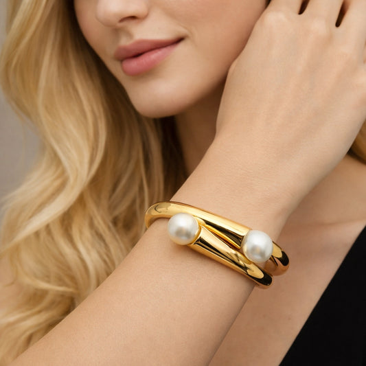 Oro Laminado Individual Bangle, Gold Filled Style Ball Design, with Ivory Pearl, Polished, Golden Finish