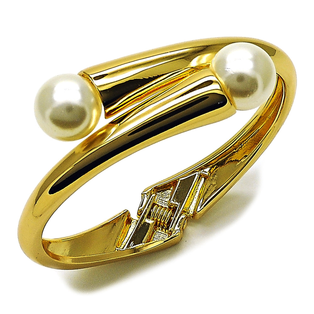 Oro Laminado Individual Bangle, Gold Filled Style Ball Design, with Ivory Pearl, Polished, Golden Finish
