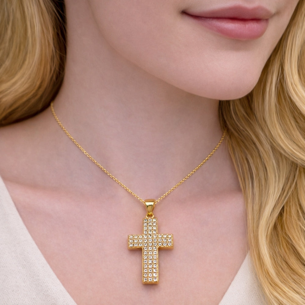 Oro Laminado Religious Pendant, Gold Filled Style Cross Design, with White Cubic Zirconia, Polished, Golden Finish