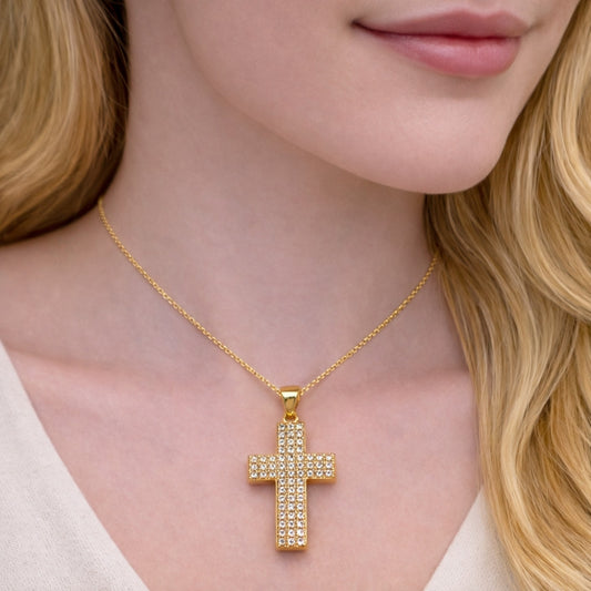 Oro Laminado Religious Pendant, Gold Filled Style Cross Design, with White Cubic Zirconia, Polished, Golden Finish