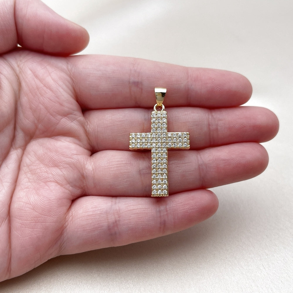 Oro Laminado Religious Pendant, Gold Filled Style Cross Design, with White Cubic Zirconia, Polished, Golden Finish