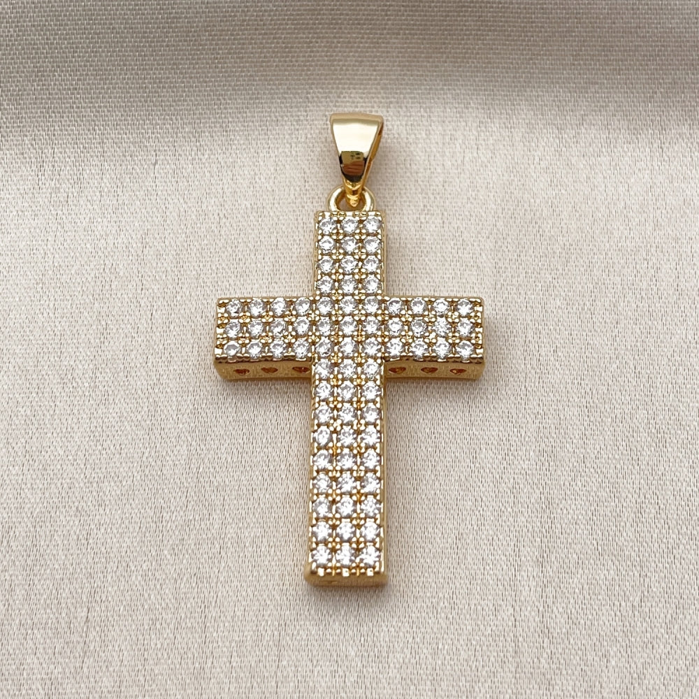 Oro Laminado Religious Pendant, Gold Filled Style Cross Design, with White Cubic Zirconia, Polished, Golden Finish