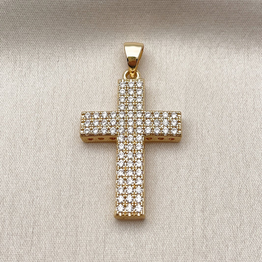 Oro Laminado Religious Pendant, Gold Filled Style Cross Design, with White Cubic Zirconia, Polished, Golden Finish