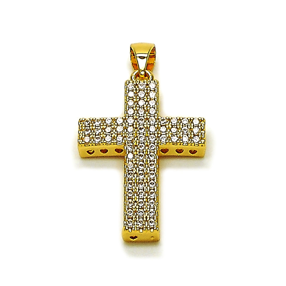 Oro Laminado Religious Pendant, Gold Filled Style Cross Design, with White Cubic Zirconia, Polished, Golden Finish